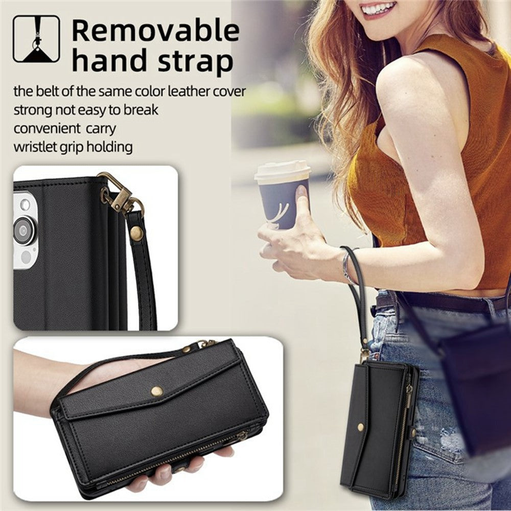 For Xiaomi 17 Pro Max Case Card Slots Zipper Purse PU Leather Phone Cover with Shoulder Strap - Black