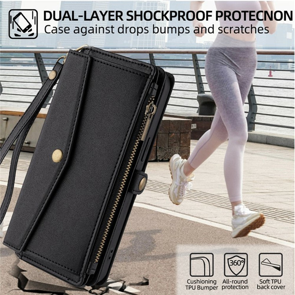For Xiaomi 17 Pro Max Case Card Slots Zipper Purse PU Leather Phone Cover with Shoulder Strap - Black