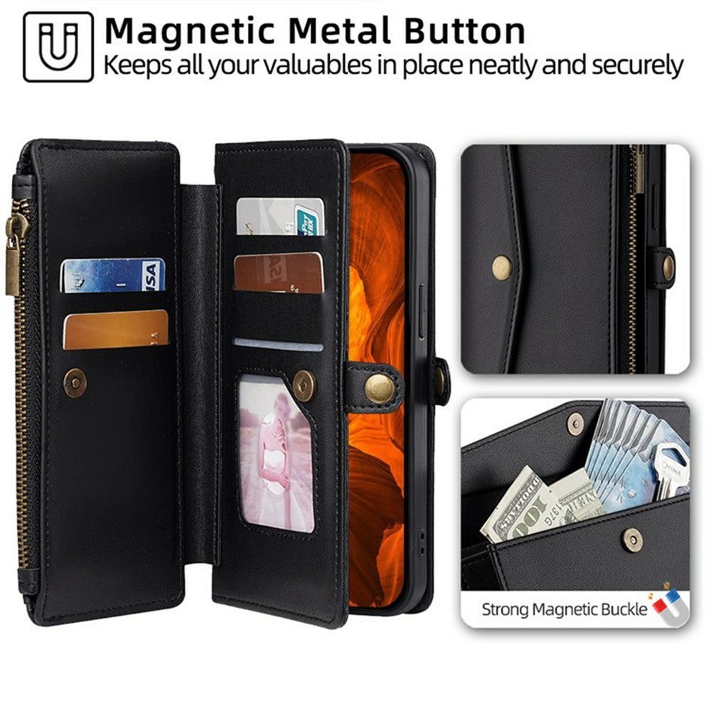 For Xiaomi 17 Pro Max Case Card Slots Zipper Purse PU Leather Phone Cover with Shoulder Strap - Black