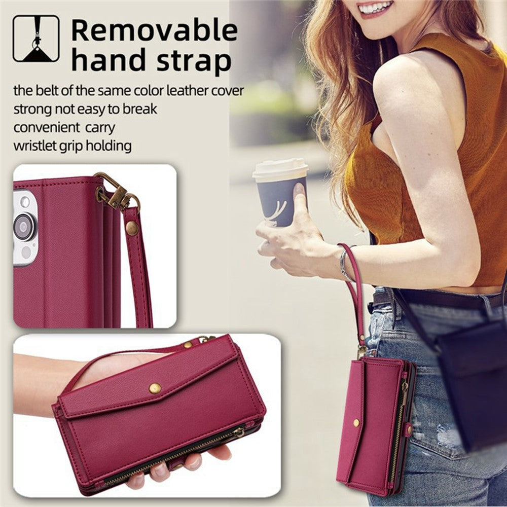 For Xiaomi 17 Pro Max Case Card Slots Zipper Purse PU Leather Phone Cover with Shoulder Strap - Red