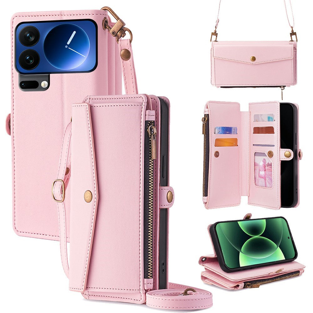 For Xiaomi 17 Pro Max Case Card Slots Zipper Purse PU Leather Phone Cover with Shoulder Strap - Pink