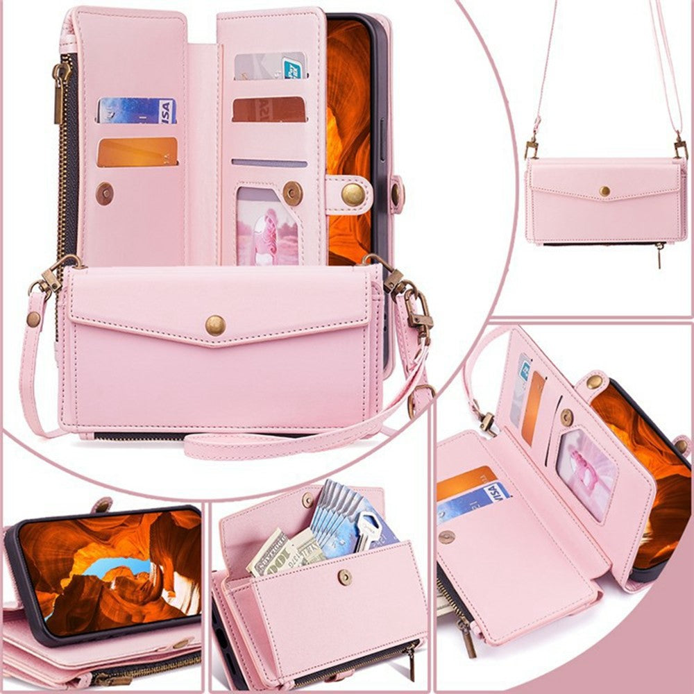 For Xiaomi 17 Pro Max Case Card Slots Zipper Purse PU Leather Phone Cover with Shoulder Strap - Pink
