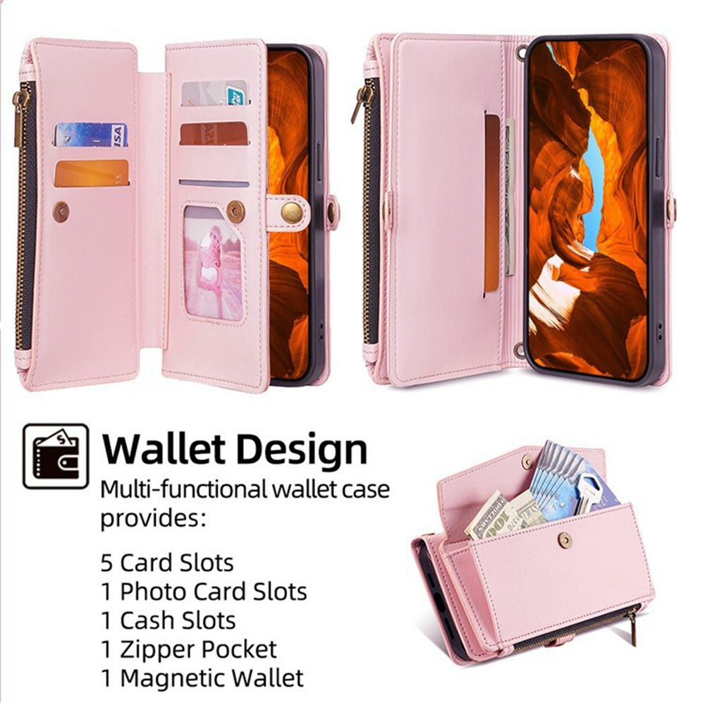 For Xiaomi 17 Pro Max Case Card Slots Zipper Purse PU Leather Phone Cover with Shoulder Strap - Pink