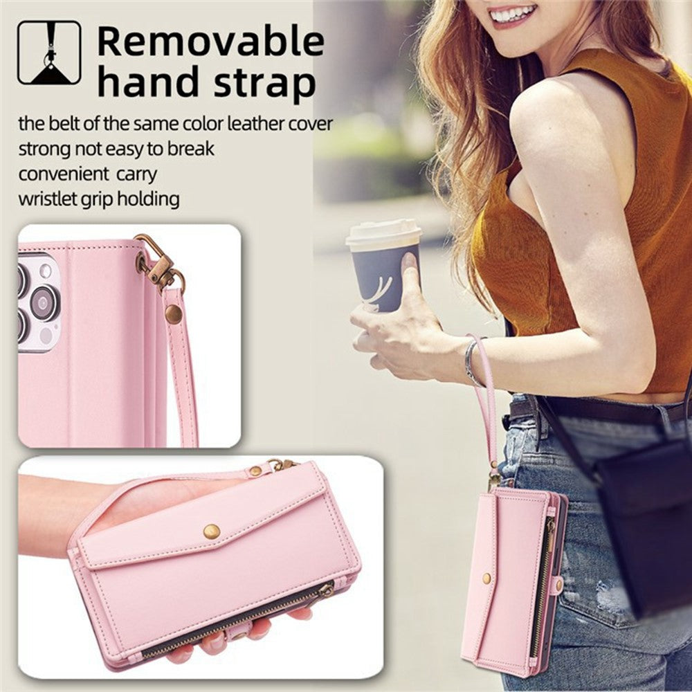 For Xiaomi 17 Pro Max Case Card Slots Zipper Purse PU Leather Phone Cover with Shoulder Strap - Pink