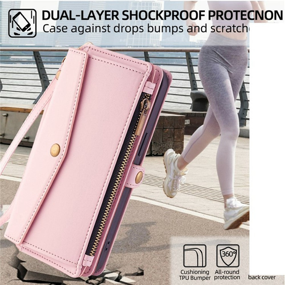 For Xiaomi 17 Pro Max Case Card Slots Zipper Purse PU Leather Phone Cover with Shoulder Strap - Pink