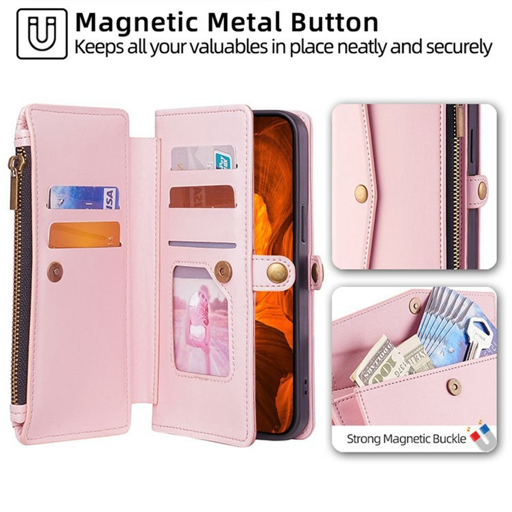 For Xiaomi 17 Pro Max Case Card Slots Zipper Purse PU Leather Phone Cover with Shoulder Strap - Pink