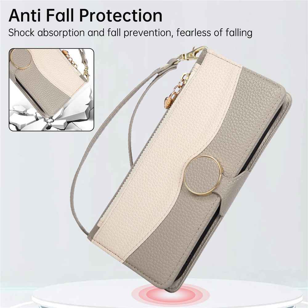 For Xiaomi 17 Pro Case Zipper Wallet Color Splicing TPU PU Leather Flip Phone Cover with Strap - Grey