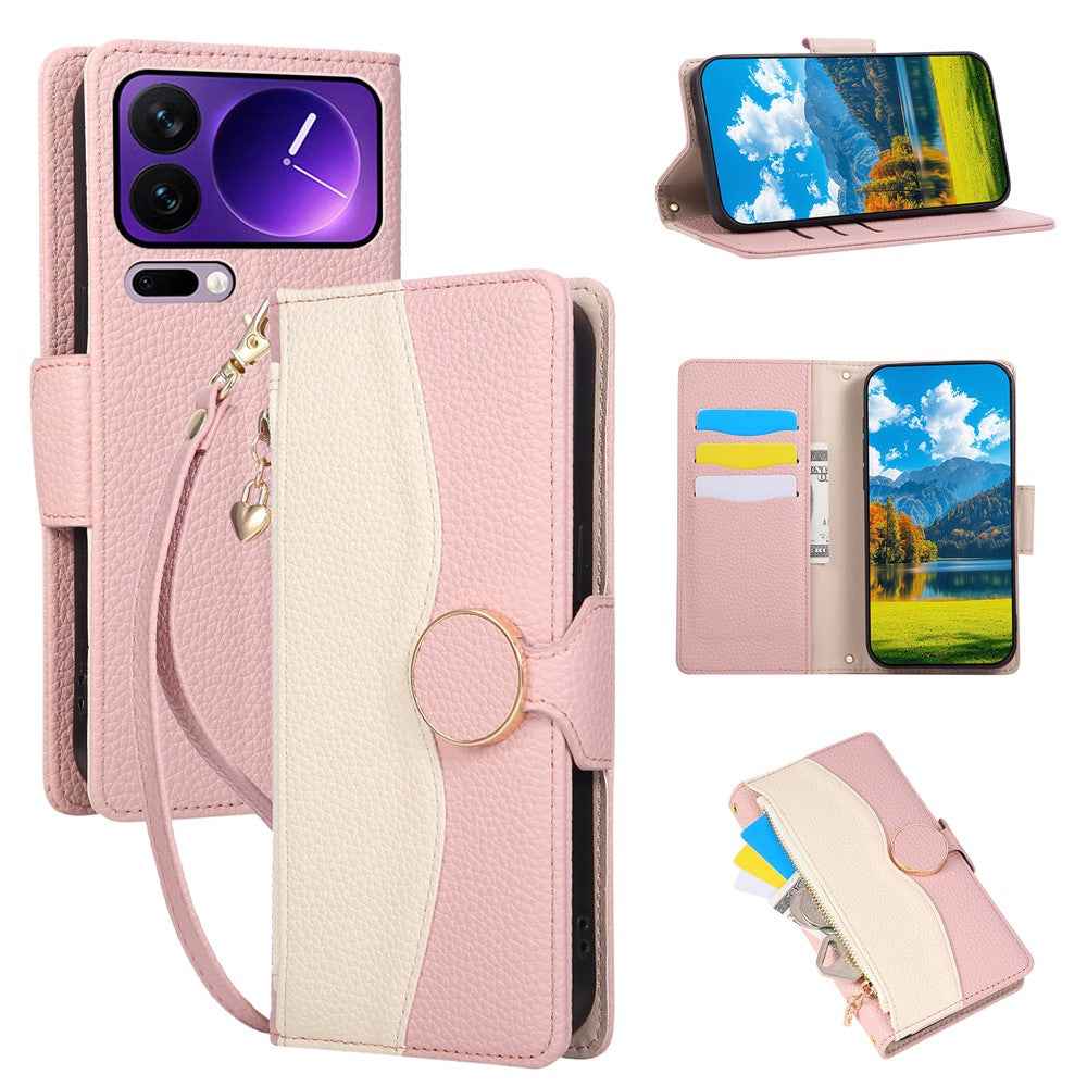 For Xiaomi 17 Pro Case Zipper Wallet Color Splicing TPU PU Leather Flip Phone Cover with Strap - Pink