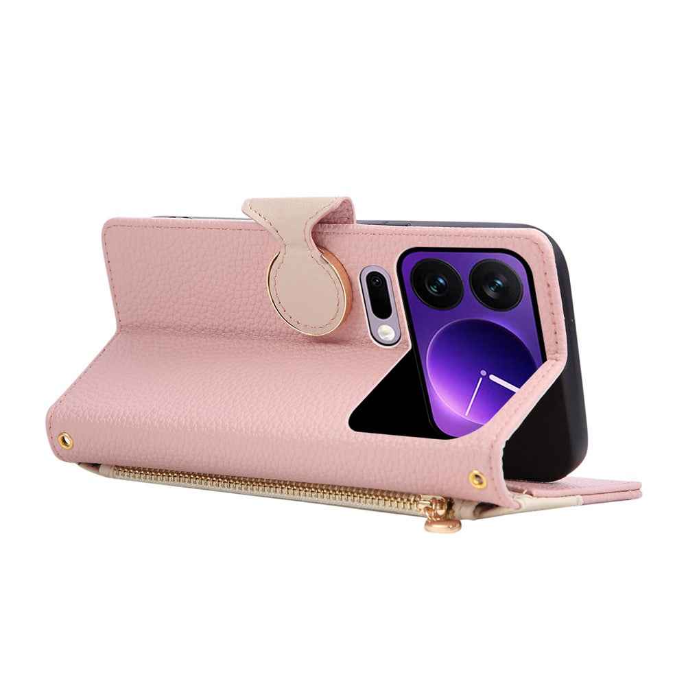 For Xiaomi 17 Pro Case Zipper Wallet Color Splicing TPU PU Leather Flip Phone Cover with Strap - Pink