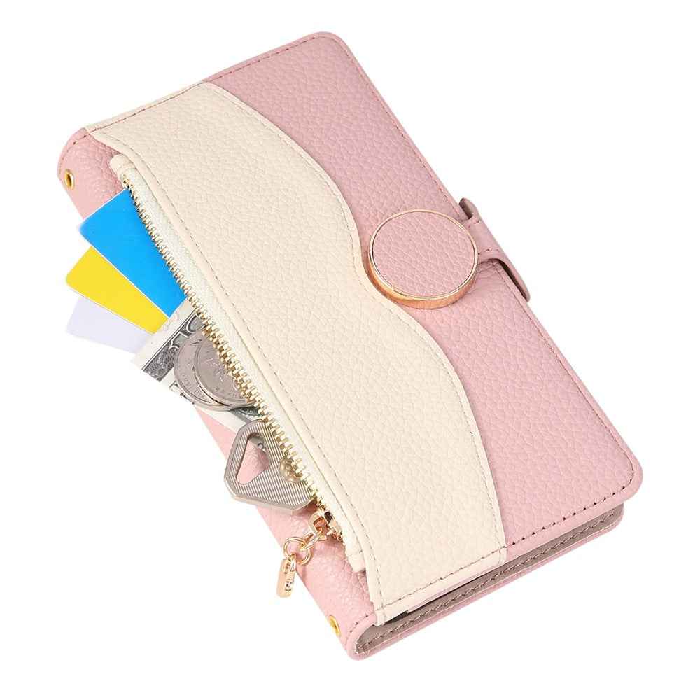 For Xiaomi 17 Pro Case Zipper Wallet Color Splicing TPU PU Leather Flip Phone Cover with Strap - Pink