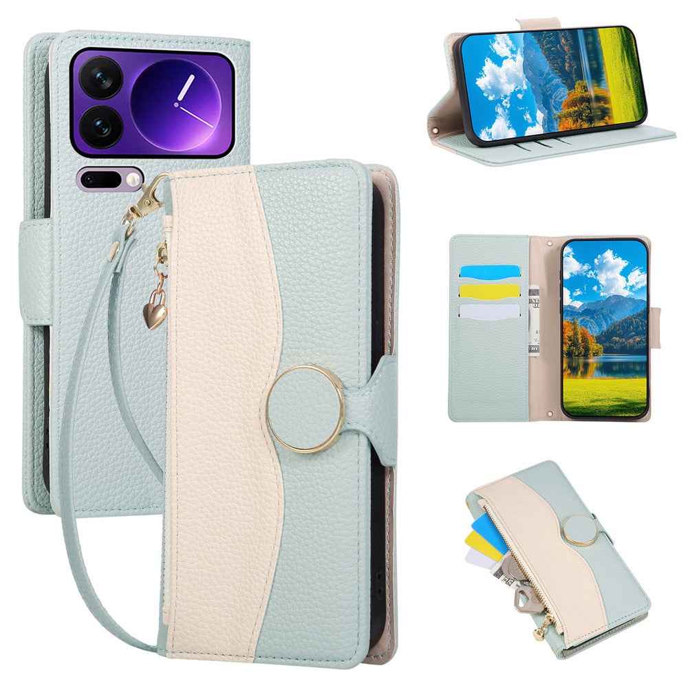 For Xiaomi 17 Pro Case Zipper Wallet Color Splicing TPU PU Leather Flip Phone Cover with Strap - Green