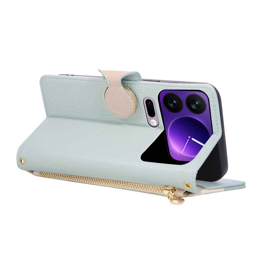 For Xiaomi 17 Pro Case Zipper Wallet Color Splicing TPU PU Leather Flip Phone Cover with Strap - Green