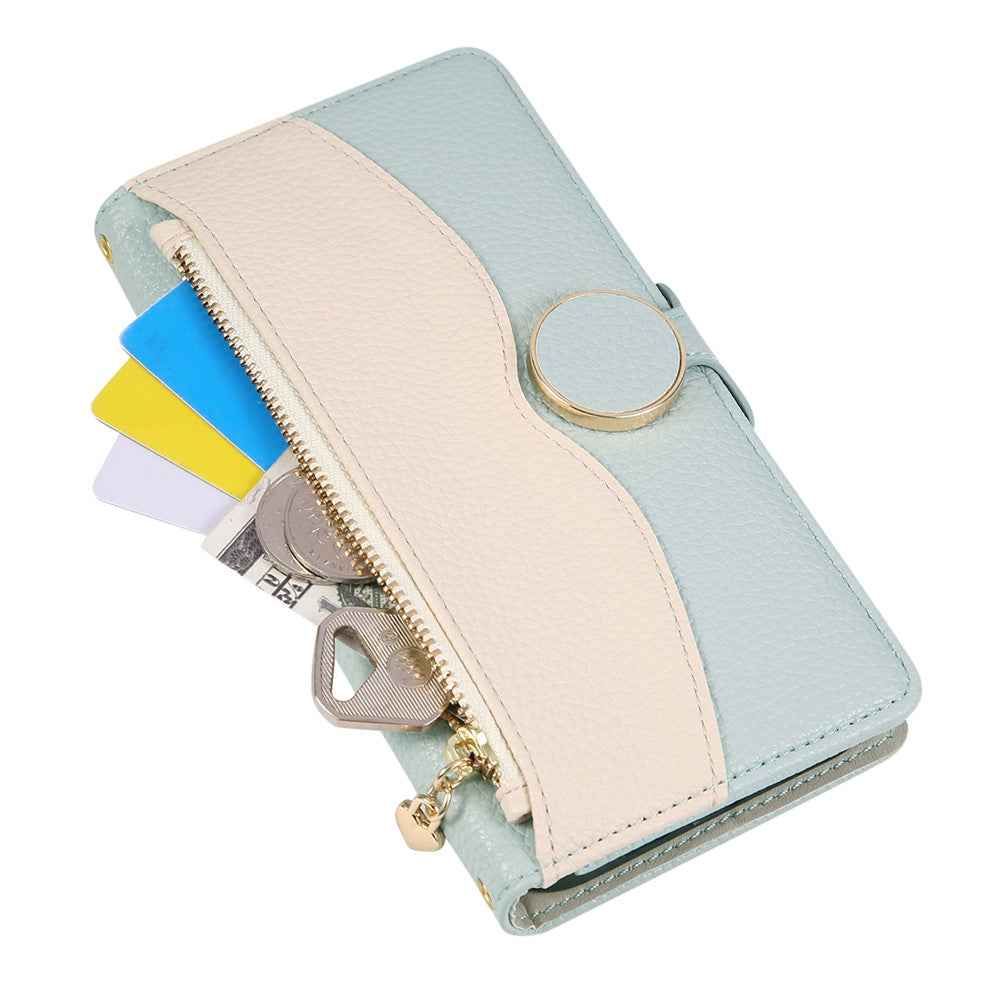 For Xiaomi 17 Pro Case Zipper Wallet Color Splicing TPU PU Leather Flip Phone Cover with Strap - Green