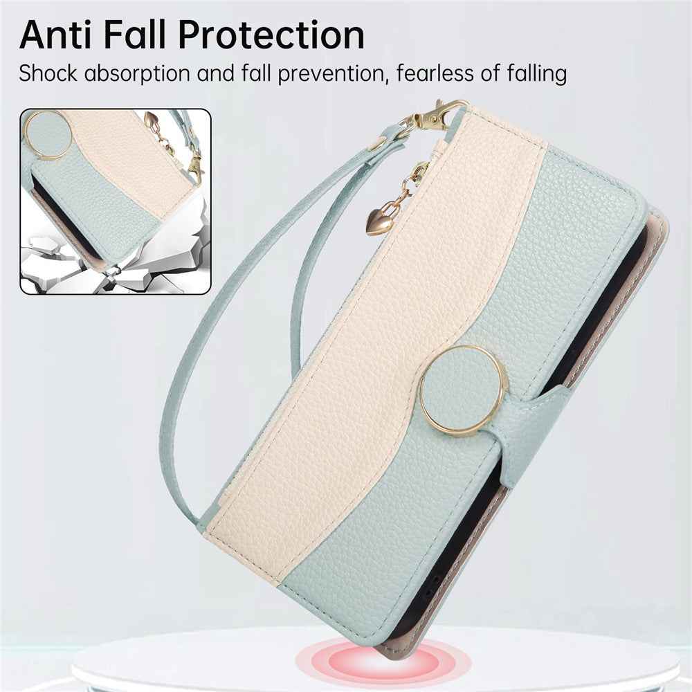 For Xiaomi 17 Pro Case Zipper Wallet Color Splicing TPU PU Leather Flip Phone Cover with Strap - Green