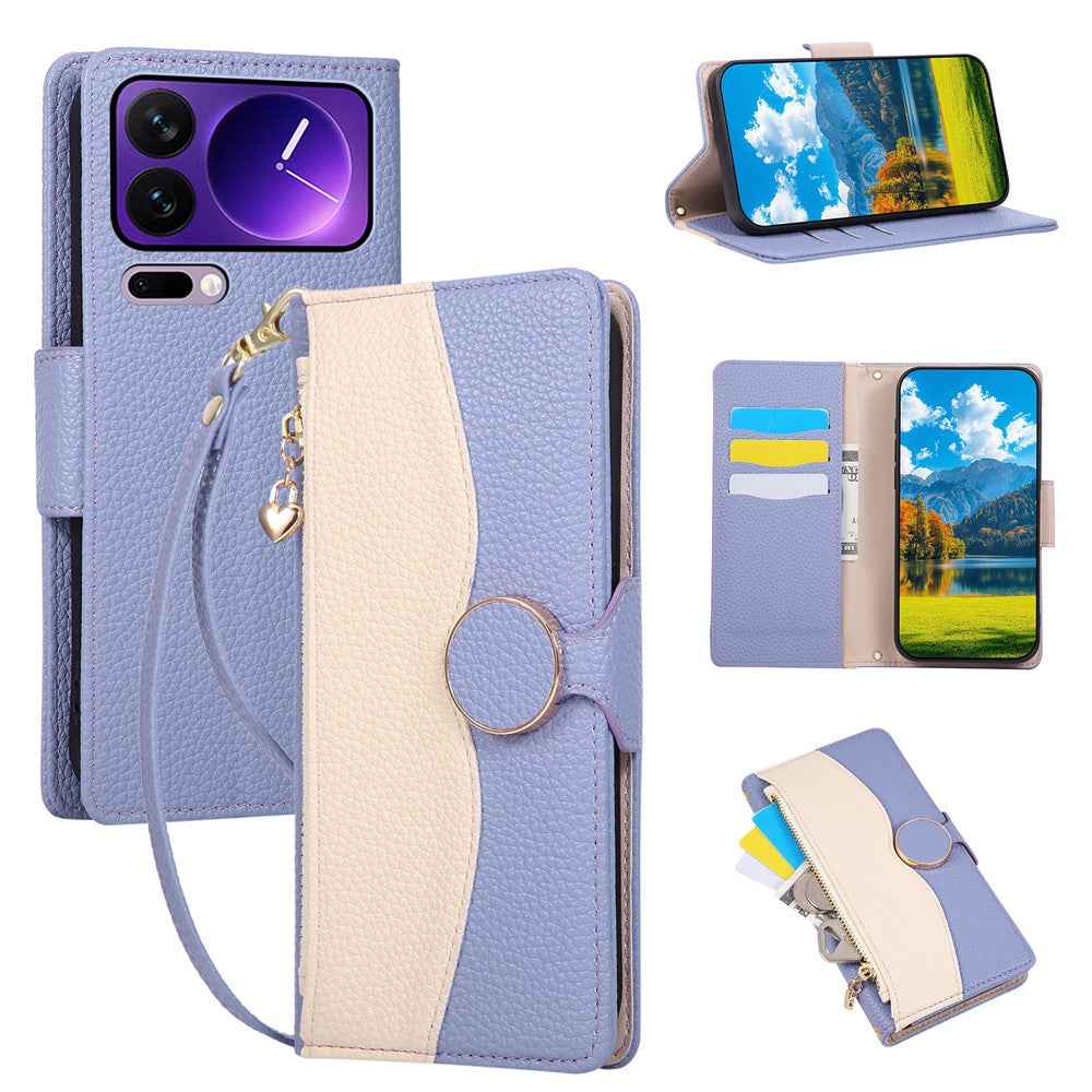 For Xiaomi 17 Pro Case Zipper Wallet Color Splicing TPU PU Leather Flip Phone Cover with Strap - Purple