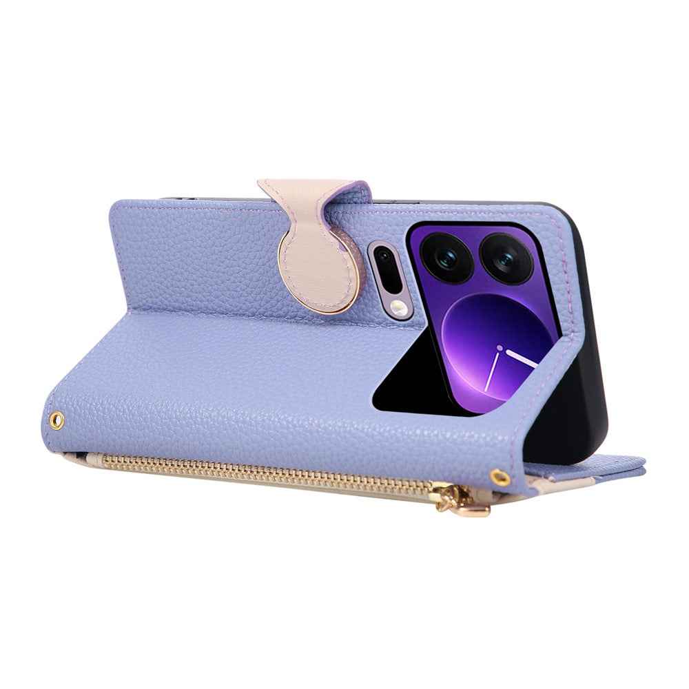 For Xiaomi 17 Pro Case Zipper Wallet Color Splicing TPU PU Leather Flip Phone Cover with Strap - Purple
