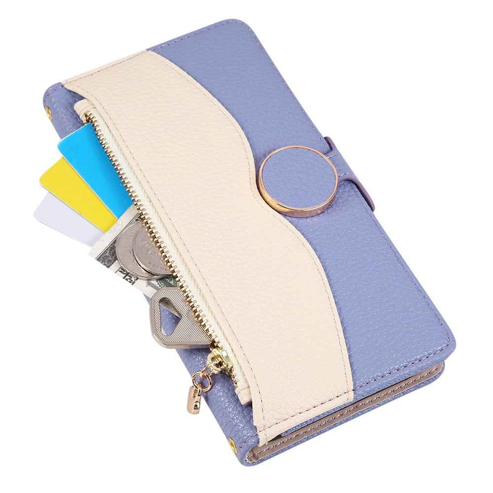 For Xiaomi 17 Pro Case Zipper Wallet Color Splicing TPU PU Leather Flip Phone Cover with Strap - Purple