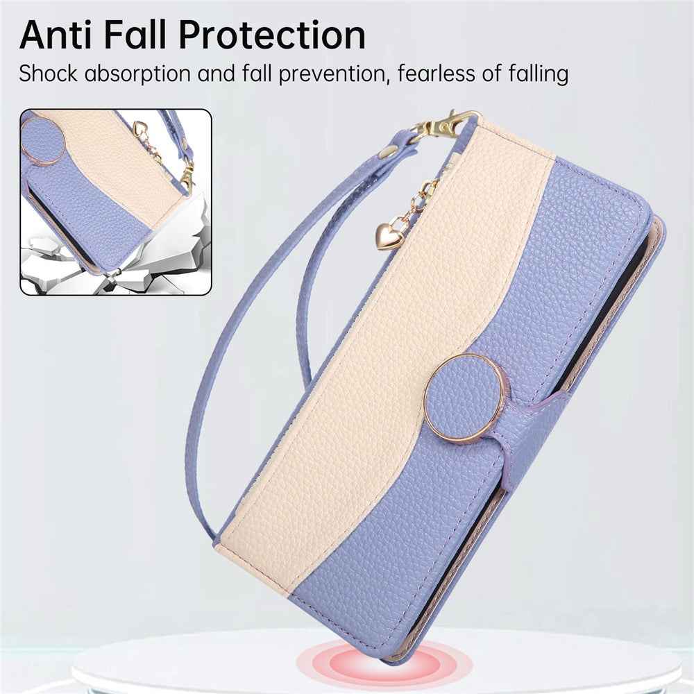 For Xiaomi 17 Pro Case Zipper Wallet Color Splicing TPU PU Leather Flip Phone Cover with Strap - Purple