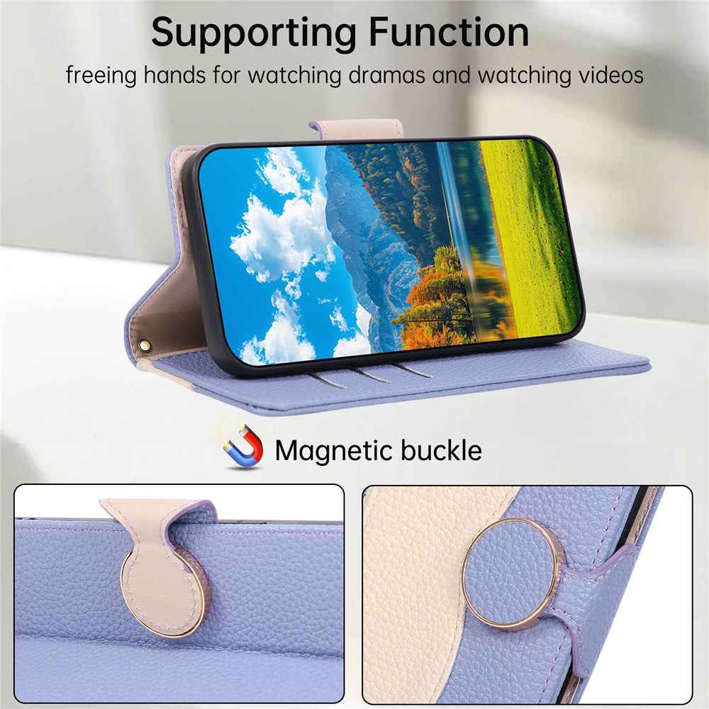For Xiaomi 17 Pro Case Zipper Wallet Color Splicing TPU PU Leather Flip Phone Cover with Strap - Purple
