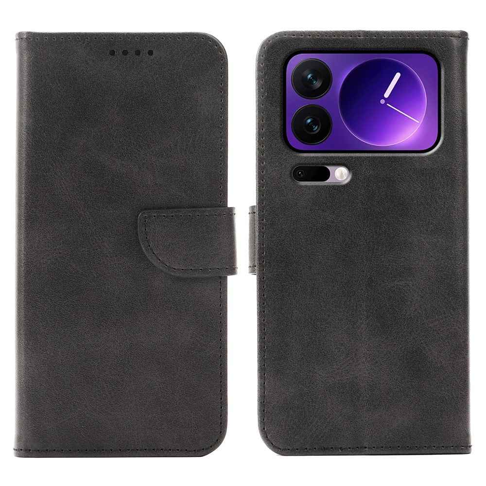 For Xiaomi 17 Pro Case Wallet Stand Magnetic Clasp Closure Calf Texture Leather Phone Cover - Black