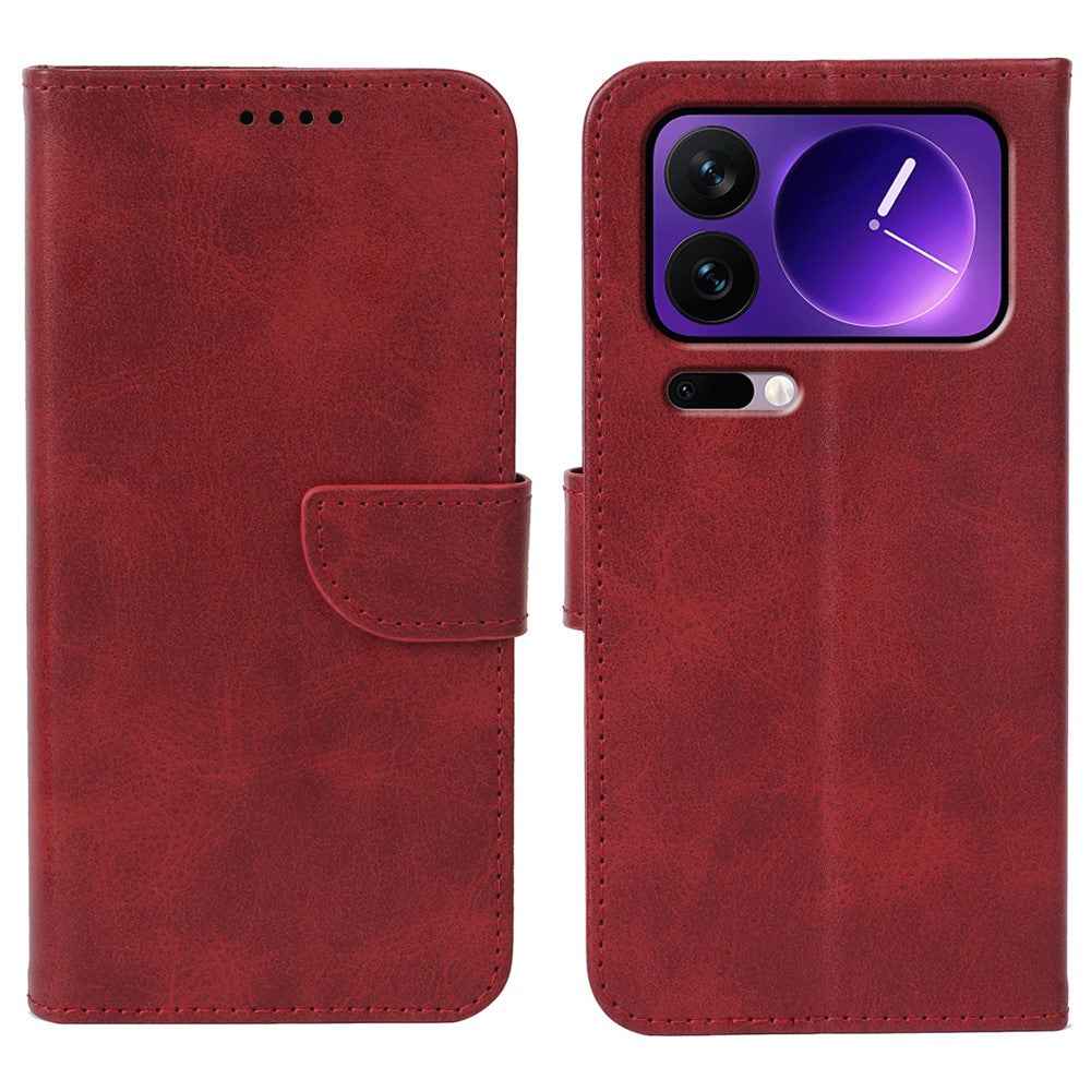 For Xiaomi 17 Pro Case Wallet Stand Magnetic Clasp Closure Calf Texture Leather Phone Cover - Red