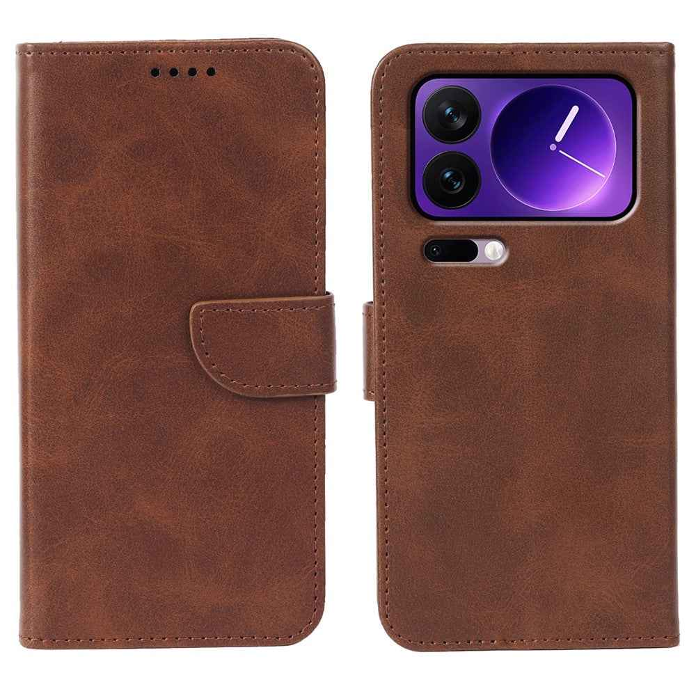 For Xiaomi 17 Pro Case Wallet Stand Magnetic Clasp Closure Calf Texture Leather Phone Cover - Brown