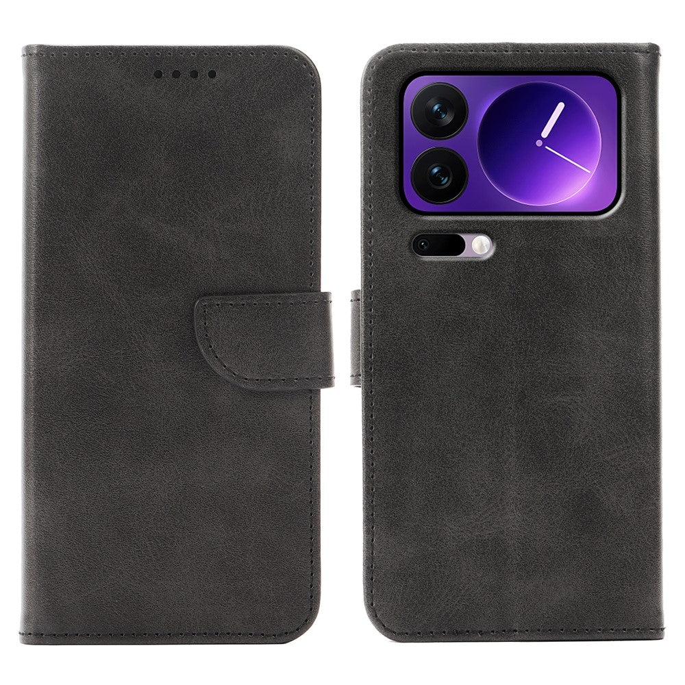 For Xiaomi 17 Pro Max Case Wallet Stand Magnetic Clasp Closure Calf Texture Leather Phone Cover - Black