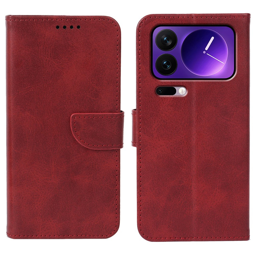 For Xiaomi 17 Pro Max Case Wallet Stand Magnetic Clasp Closure Calf Texture Leather Phone Cover - Red