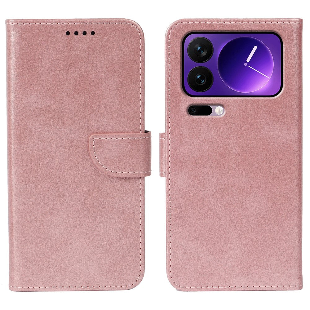For Xiaomi 17 Pro Max Case Wallet Stand Magnetic Clasp Closure Calf Texture Leather Phone Cover - Rose Gold