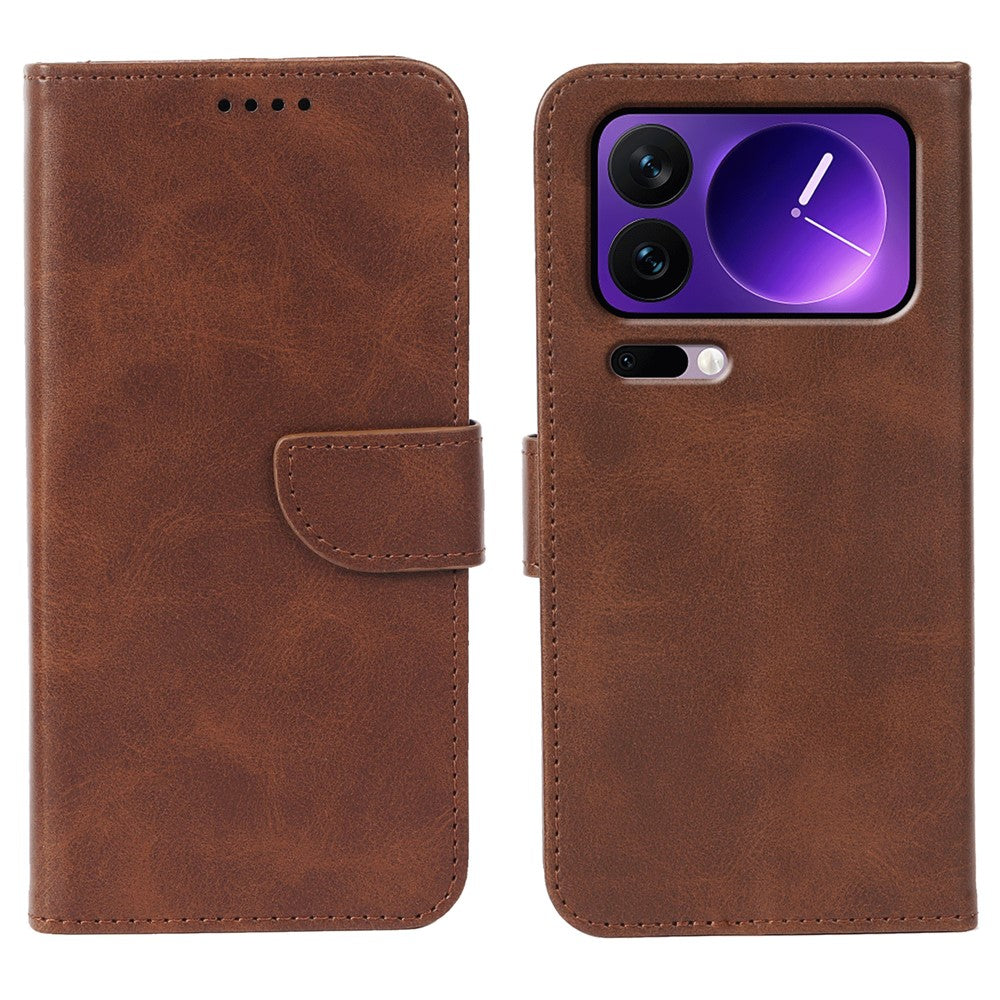 For Xiaomi 17 Pro Max Case Wallet Stand Magnetic Clasp Closure Calf Texture Leather Phone Cover - Brown
