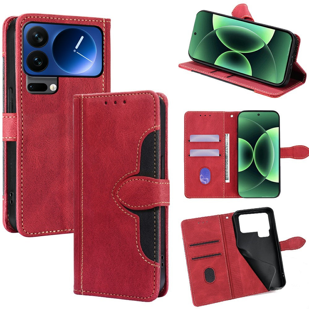 For Xiaomi 17 Pro Max Case Leather Wallet Phone Cover with Straw Hat Magnetic Clasp - Red