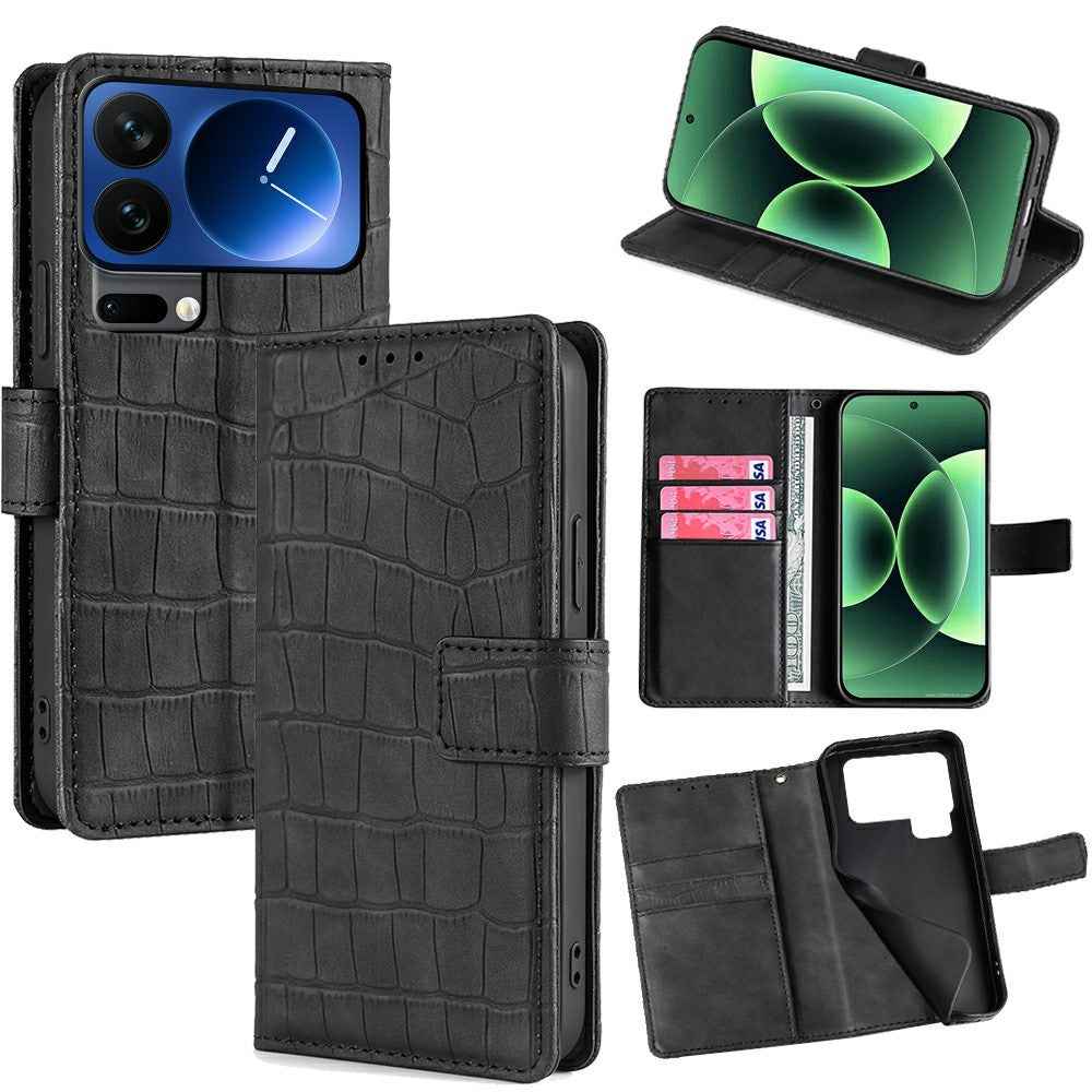 For Xiaomi 17 Pro Case Crocodile Texture PU Leather Phone Cover - Black