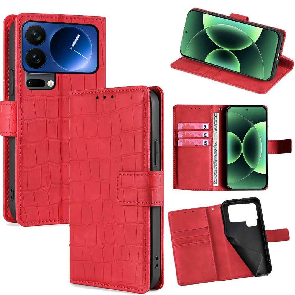 For Xiaomi 17 Pro Case Crocodile Texture PU Leather Phone Cover - Red