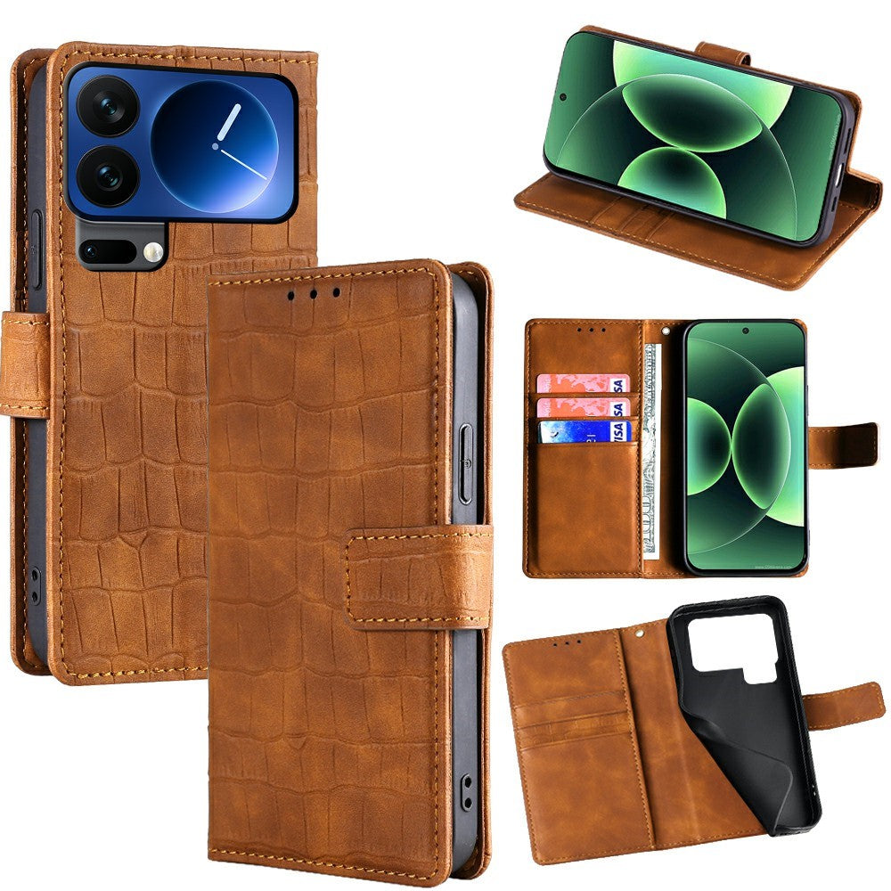 For Xiaomi 17 Pro Max Case Crocodile Texture PU Leather Phone Cover - Brown