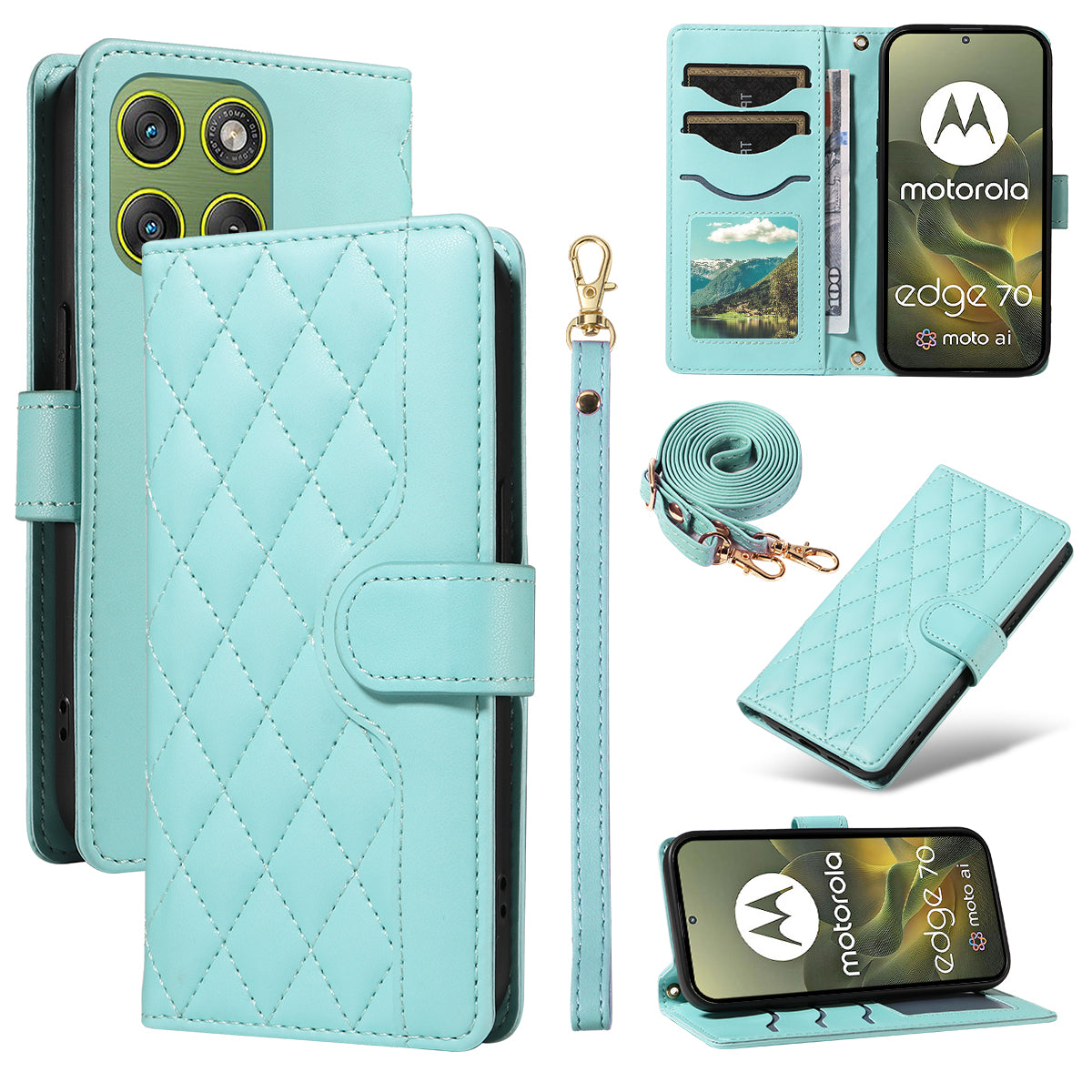 For Motorola Edge 70 5G Wallet Case Rhombus Leather Phone Cover with Strap - Green