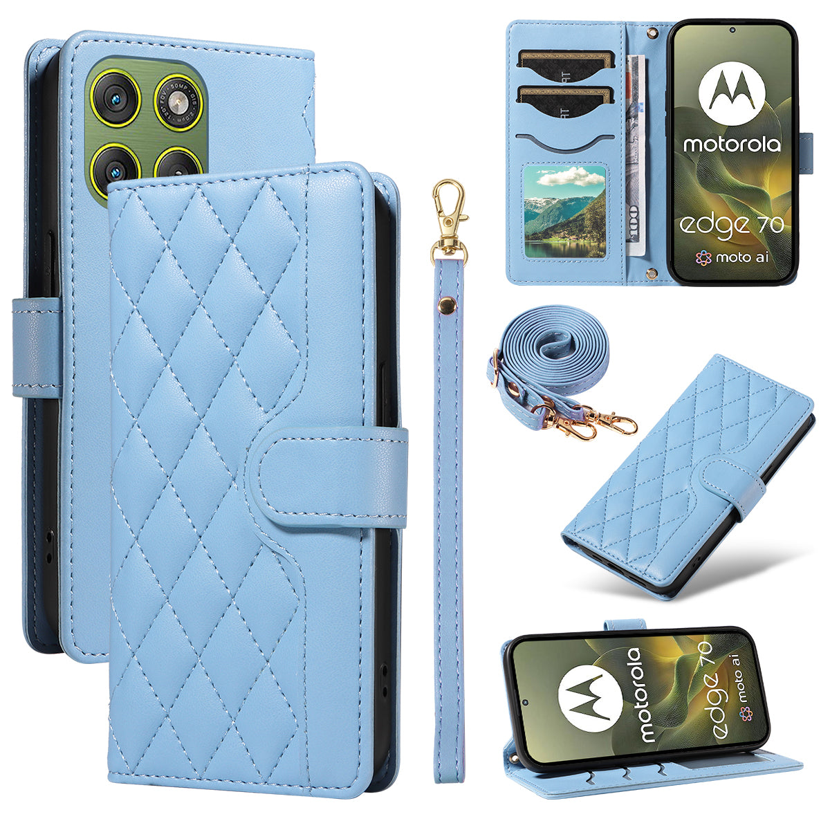 For Motorola Edge 70 5G Wallet Case Rhombus Leather Phone Cover with Strap - Blue