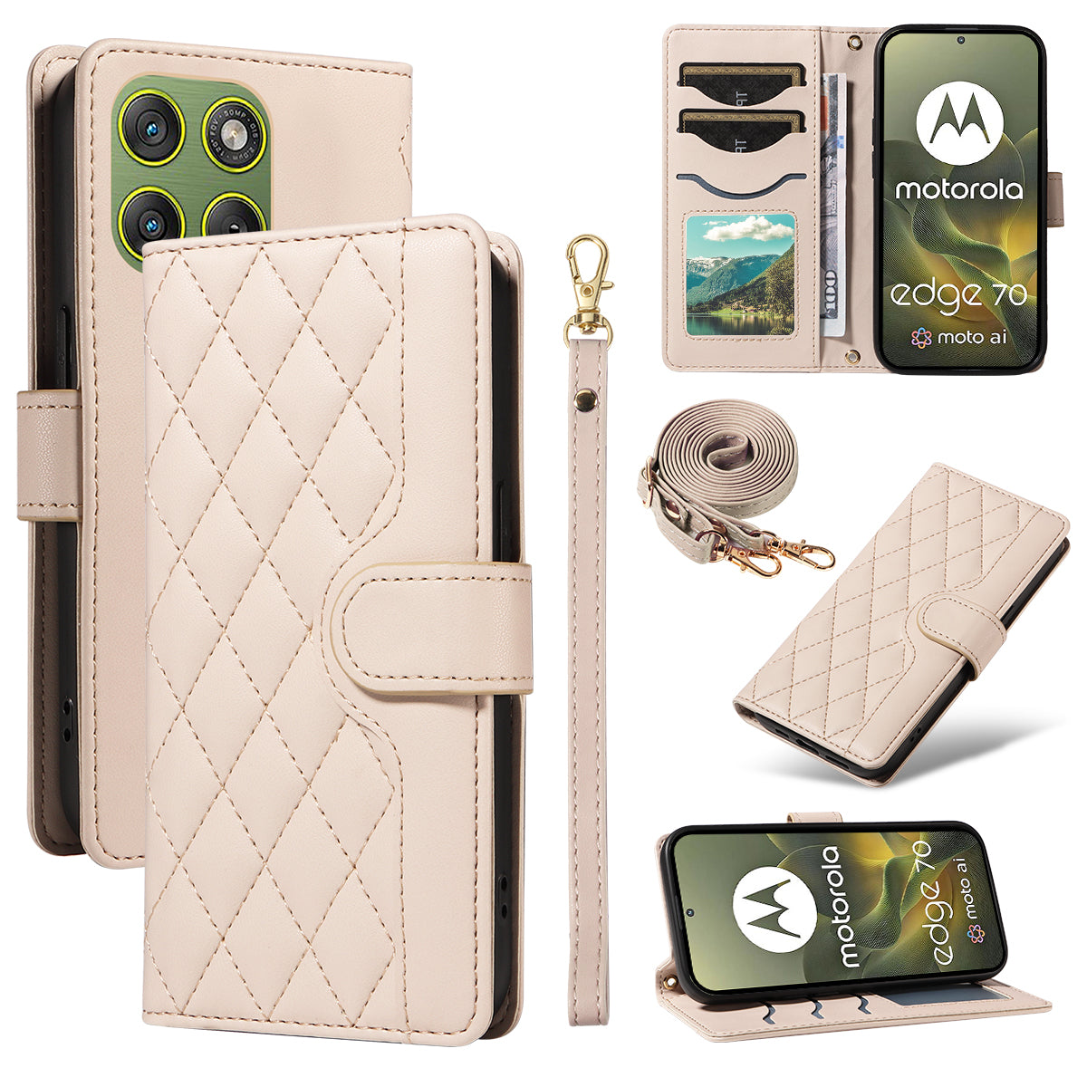 For Motorola Edge 70 5G Wallet Case Rhombus Leather Phone Cover with Strap - Apricot