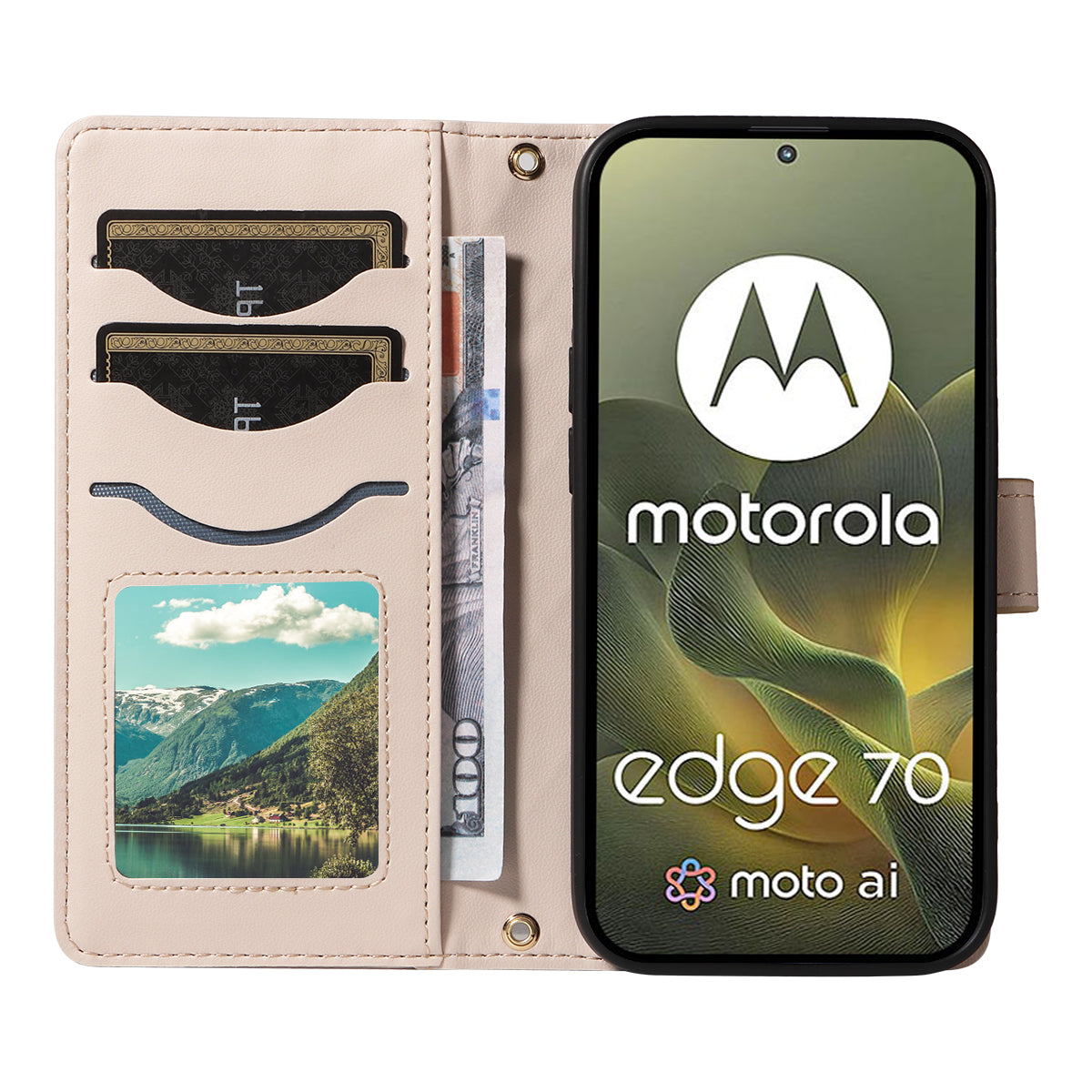 For Motorola Edge 70 5G Wallet Case Rhombus Leather Phone Cover with Strap - Apricot