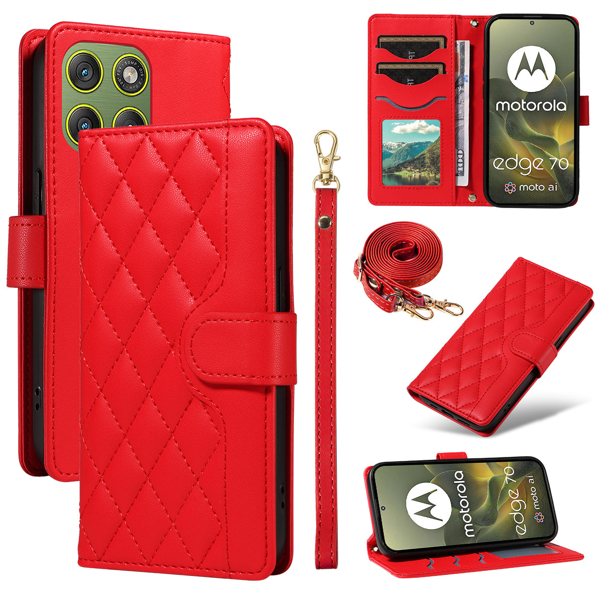 For Motorola Edge 70 5G Wallet Case Rhombus Leather Phone Cover with Strap -  Red