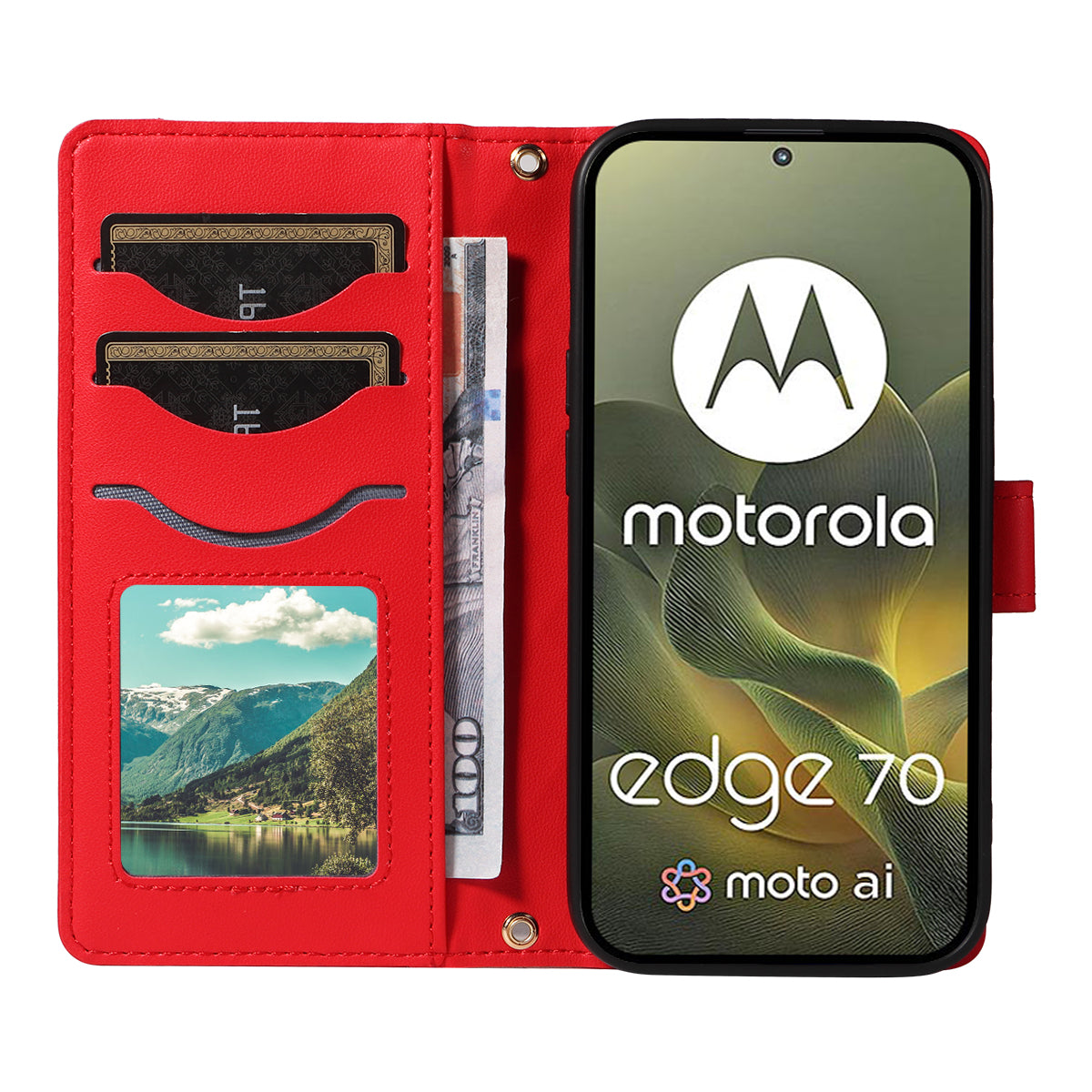 For Motorola Edge 70 5G Wallet Case Rhombus Leather Phone Cover with Strap -  Red