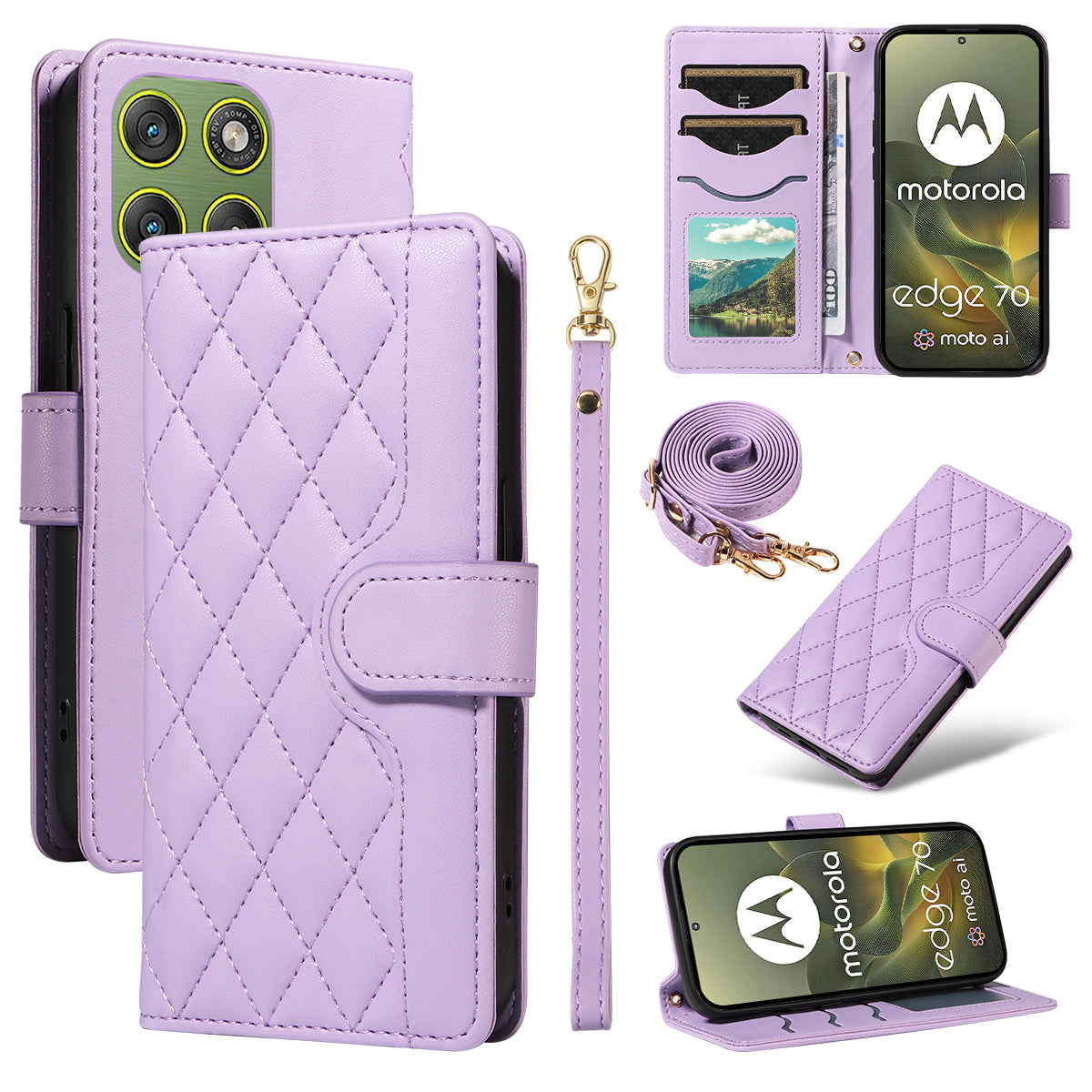 For Motorola Edge 70 5G Wallet Case Rhombus Leather Phone Cover with Strap -  Light Purple