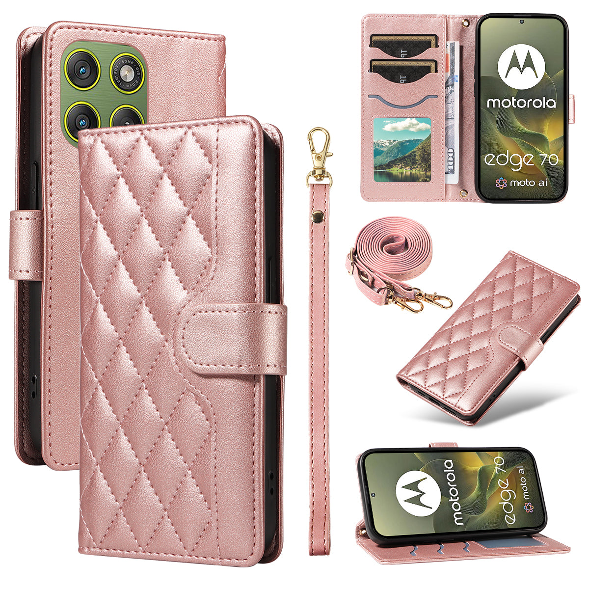 For Motorola Edge 70 5G Wallet Case Rhombus Leather Phone Cover with Strap -  Rose Gold