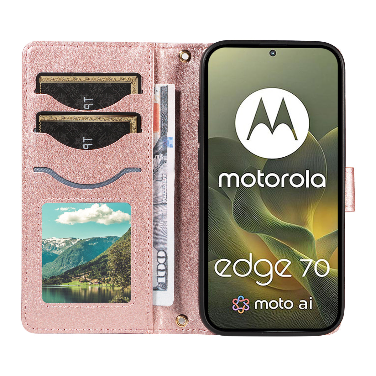 For Motorola Edge 70 5G Wallet Case Rhombus Leather Phone Cover with Strap -  Rose Gold