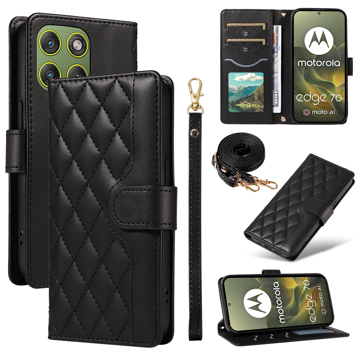 For Motorola Edge 70 5G Wallet Case Rhombus Leather Phone Cover with Strap - Black