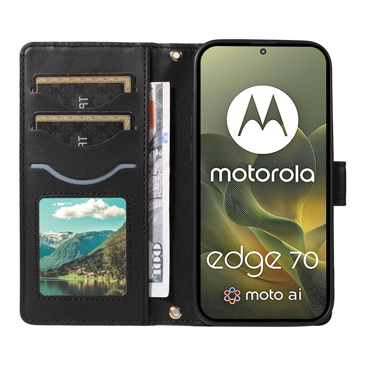 For Motorola Edge 70 5G Wallet Case Rhombus Leather Phone Cover with Strap - Black