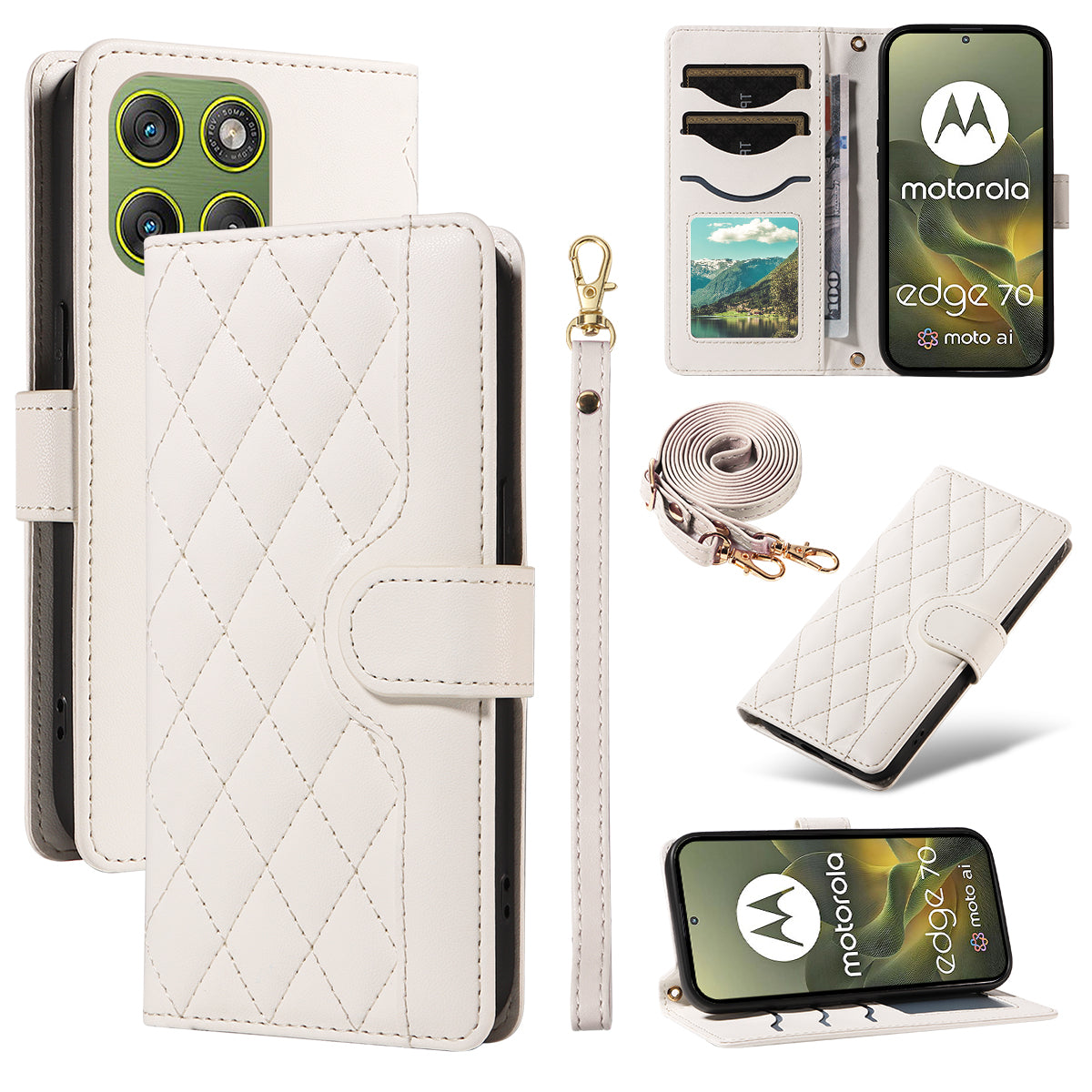 For Motorola Edge 70 5G Wallet Case Rhombus Leather Phone Cover with Strap - White