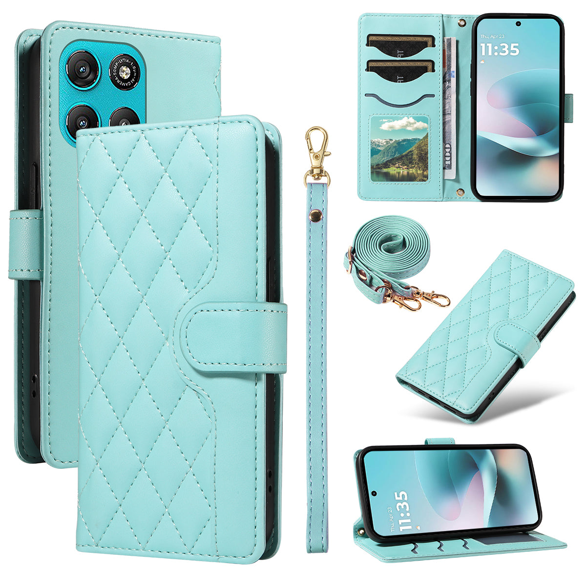 For Motorola Moto G57 Power 5G / Motorola Moto G100 5G (2025) / Motorola Moto G67 Power 5G Wallet Case Rhombus Leather Phone Cover with Strap - Green