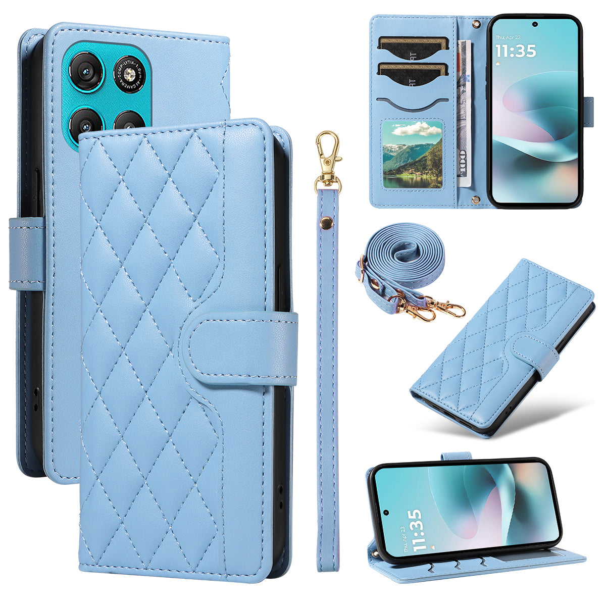 For Motorola Moto G57 Power 5G / Motorola Moto G100 5G (2025) / Motorola Moto G67 Power 5G Wallet Case Rhombus Leather Phone Cover with Strap - Blue