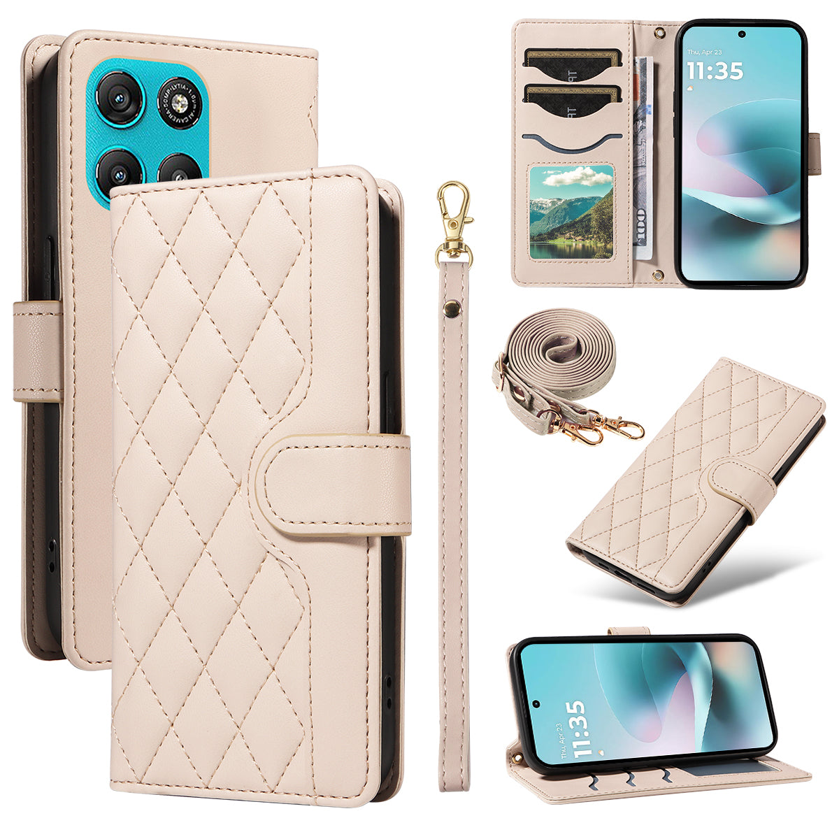 For Motorola Moto G57 Power 5G / Motorola Moto G100 5G (2025) / Motorola Moto G67 Power 5G Wallet Case Rhombus Leather Phone Cover with Strap - Apricot