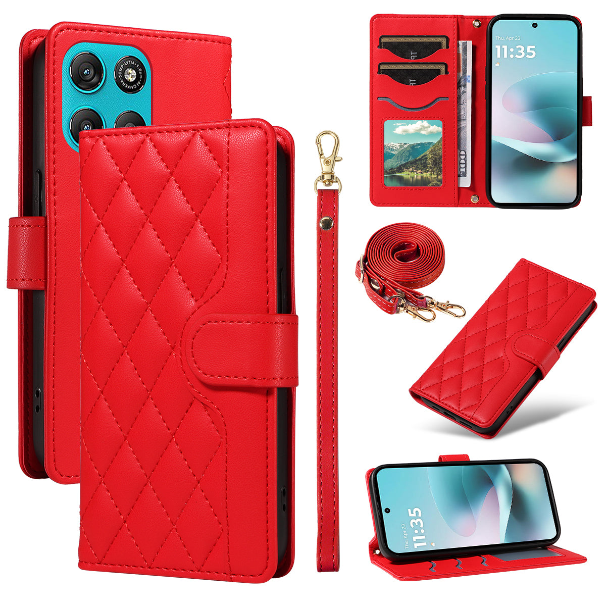 For Motorola Moto G57 Power 5G / Motorola Moto G100 5G (2025) / Motorola Moto G67 Power 5G Wallet Case Rhombus Leather Phone Cover with Strap -  Red